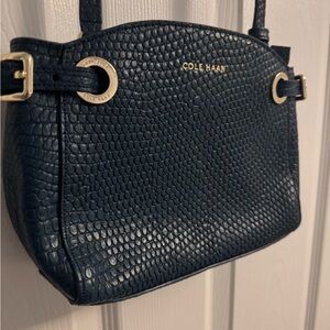 Blue Cole Haan crossbody bag with gold details